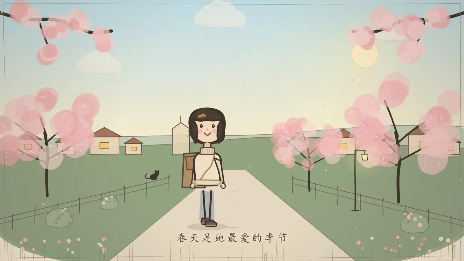 春天场景：女孩走在花街